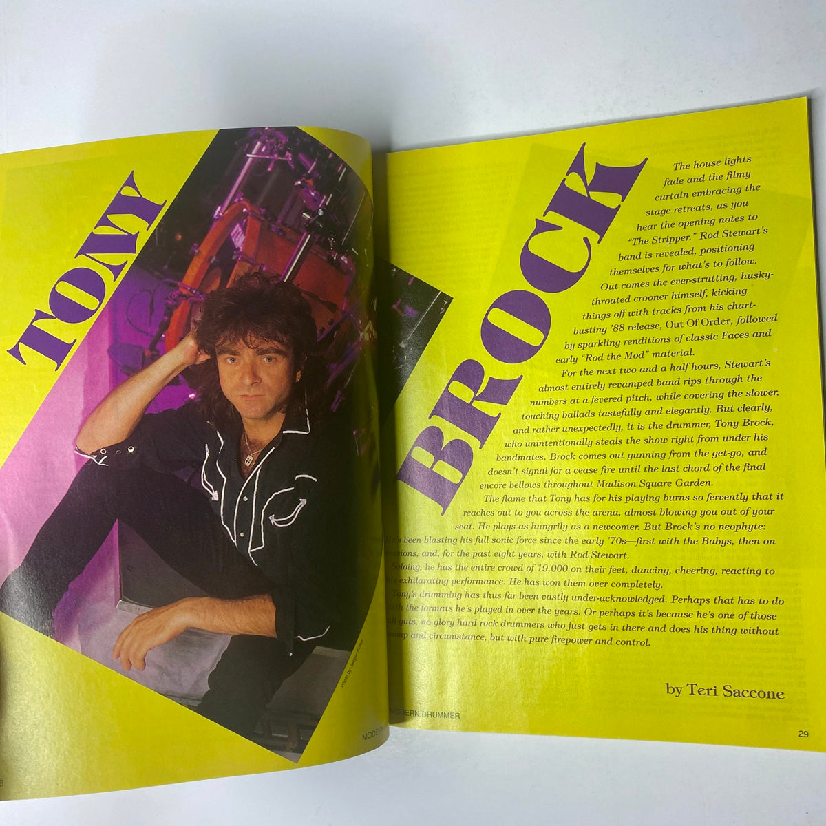 Article page in Modern Drummer Magazine April 1989 featuring Tony Brock with insights on his drumming style and experiences in the music industry.