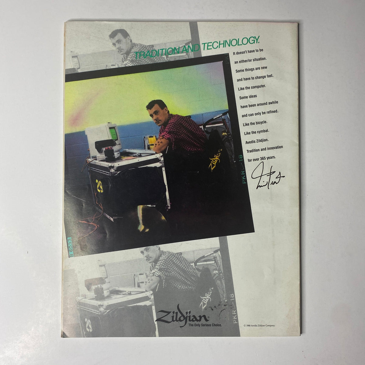 Back cover of Modern Drummer Magazine April 1989 showcasing an advertisement for Zildjian, highlighting the blend of tradition and technology in drumming gear.