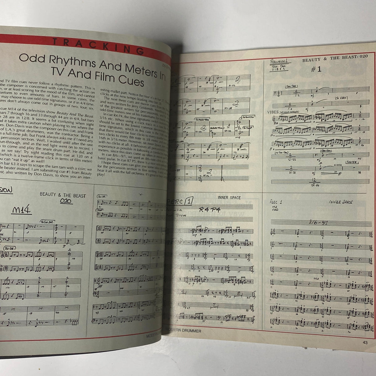 Inside pages of Modern Drummer Magazine December 1988 showing music notation for 'Beauty and the Beast' with an article on odd rhythms, including editorial content on drumming.