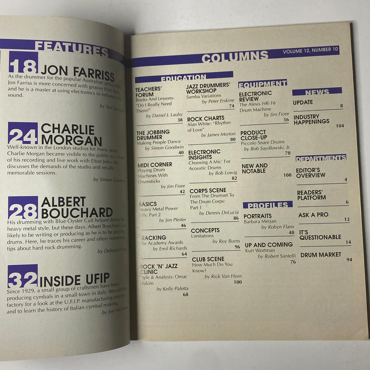 Inside page of Modern Drummer Magazine October 1988 detailing features and columns, including Jon Farriss, Charlie Morgan, and Albert Bouchard.