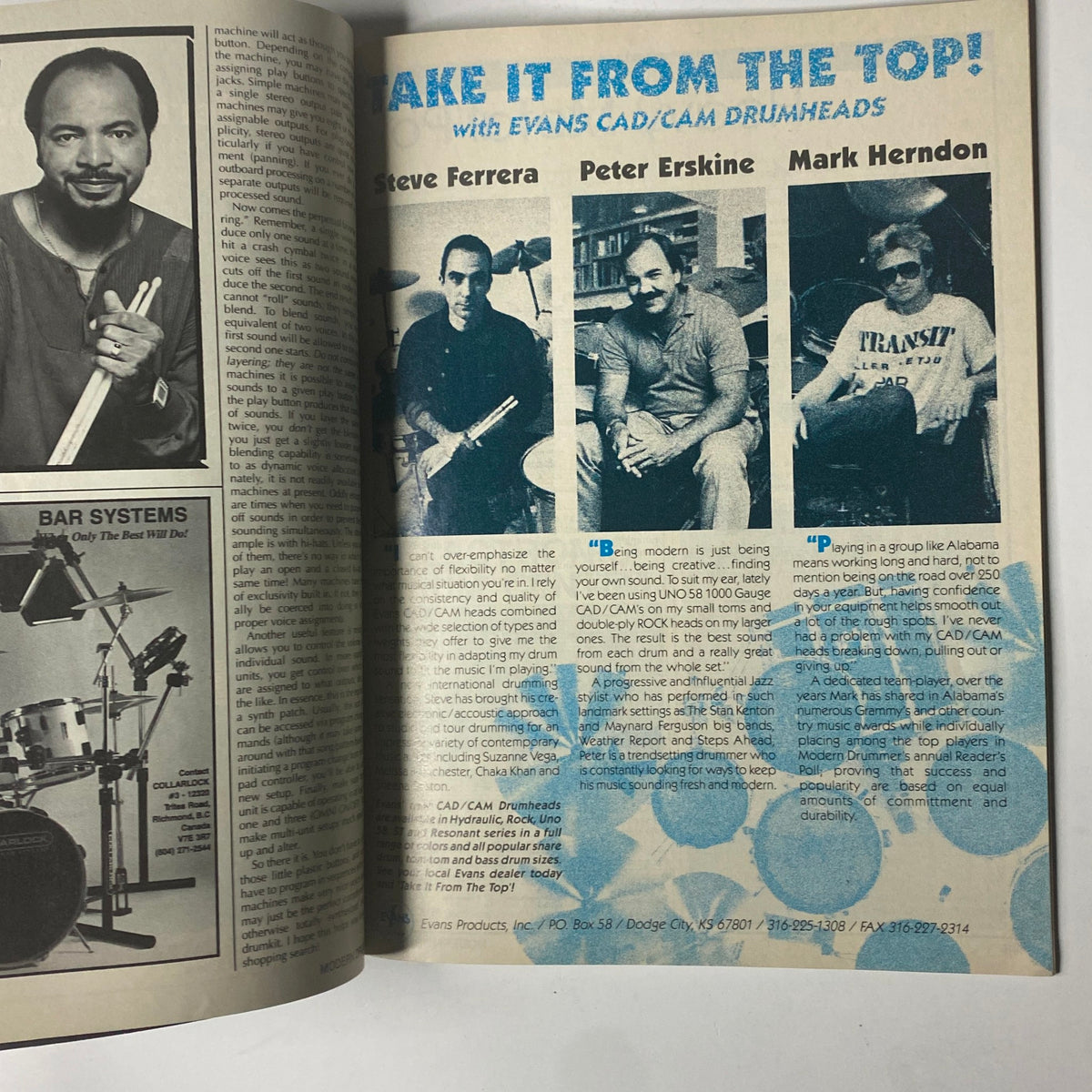 Page from Modern Drummer Magazine October 1988 featuring a discussion on drum techniques with Steve Ferrera, Peter Erskine, and Mark Herndon.