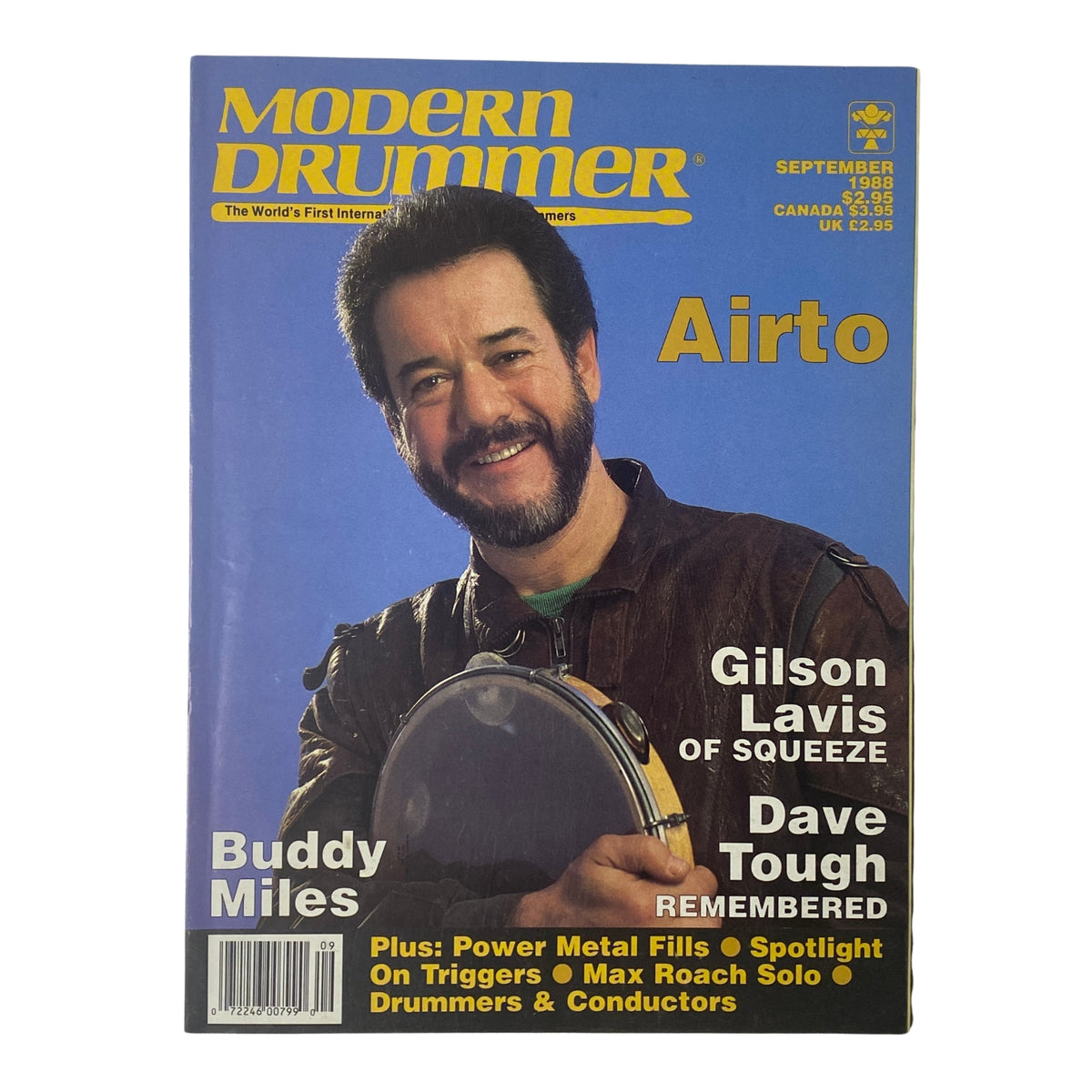 Modern Drummer Magazine September 1988 featuring Airto on the cover, highlighting interviews with Buddy Miles, Gilson Lavis, and Dave Tough, showcasing percussion insights and educational content for drummers.