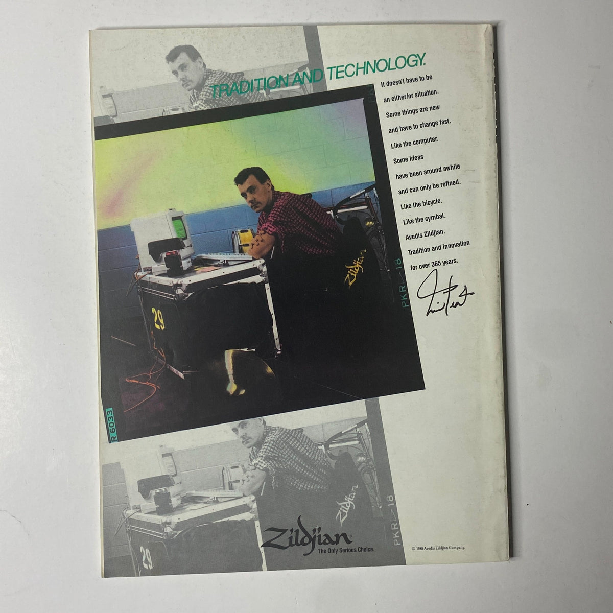 Back cover of Modern Drummer Magazine September 1988 featuring an advertisement for Zildjian cymbals, emphasizing tradition and technology in drumming equipment.