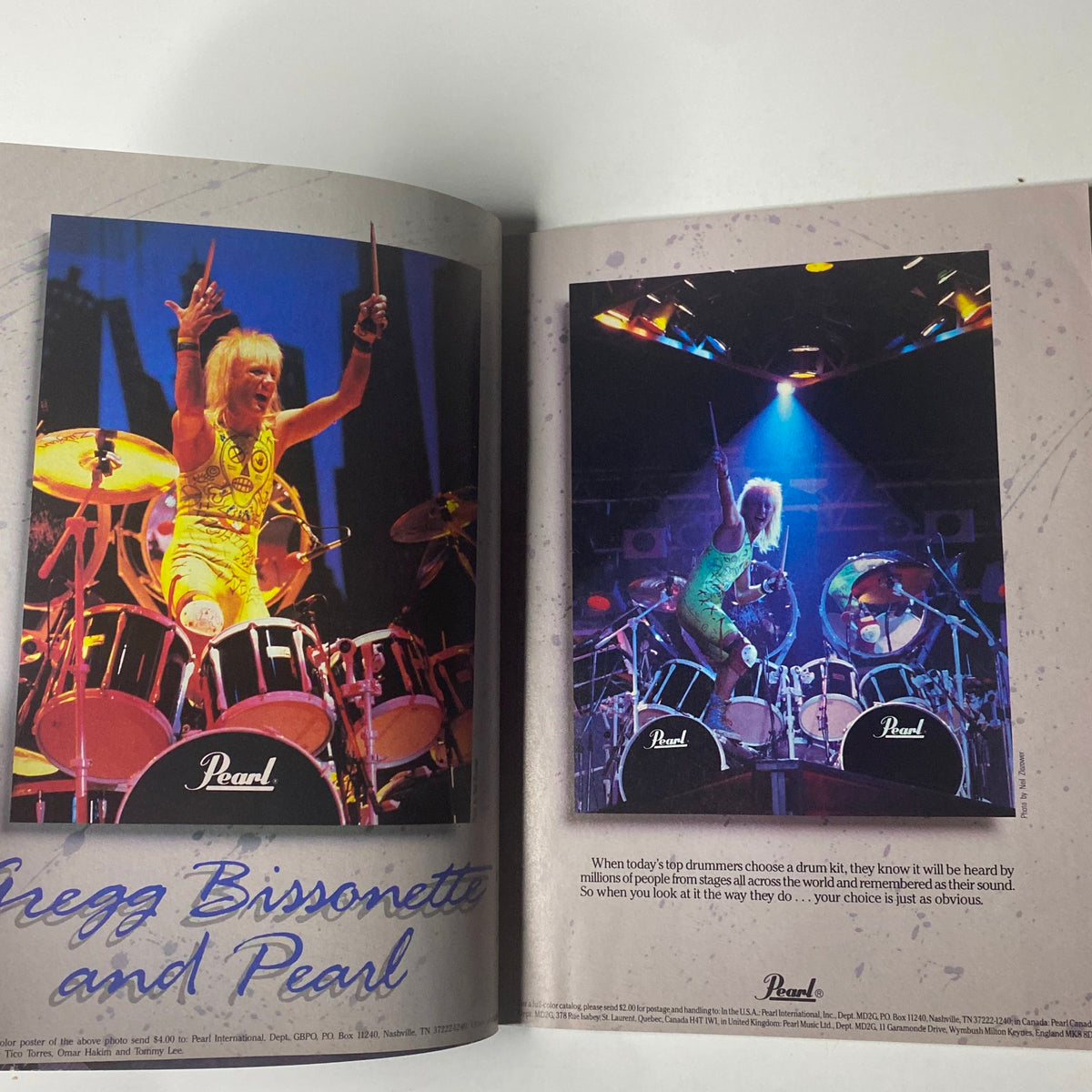 Spread from Modern Drummer Magazine July 1988 highlighting Gregg Bissonette performing, discussing the impact of drum choice on sound.