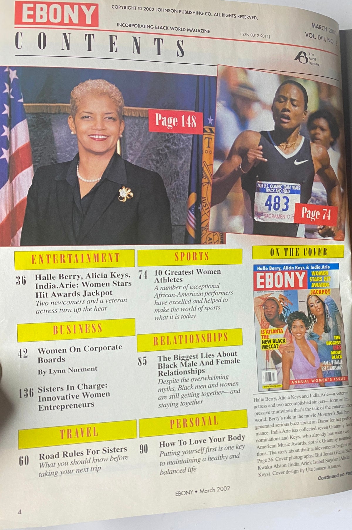 Table of contents from Ebony Magazine March 2002, detailing features on Halle Berry, Alicia Keys, India.Arie, and various lifestyle sections.