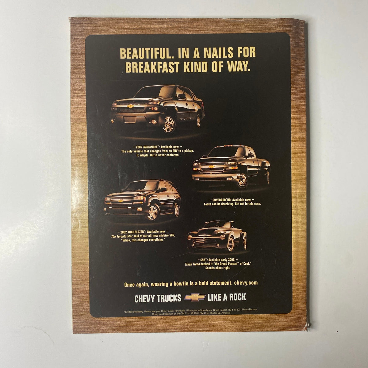Back cover of Ebony Magazine March 2002 featuring a Chevrolet Trucks advertisement with the slogan, 'Beautiful. In a Nails for Breakfast Kind of Way.'