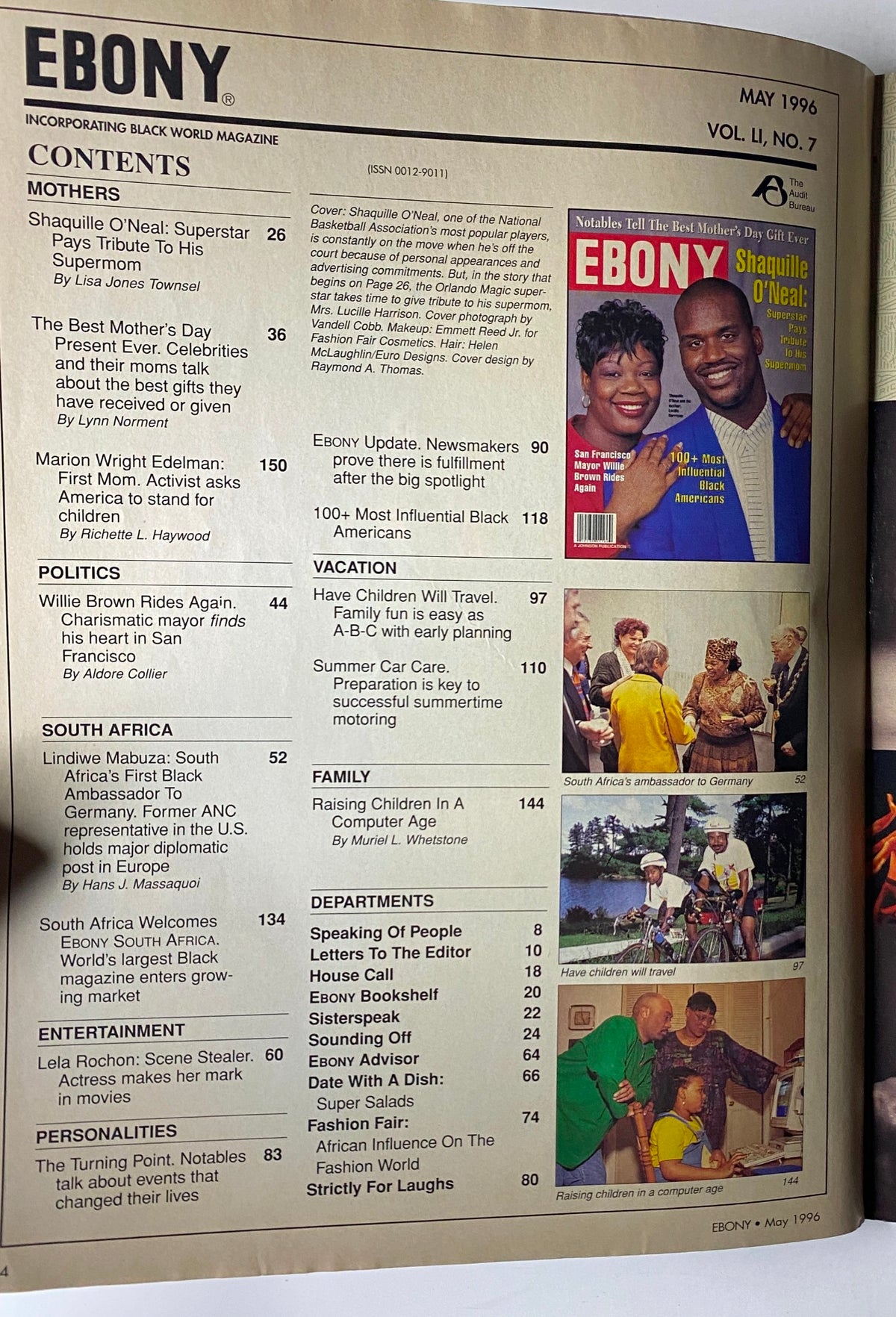 Inside page of Ebony Magazine May 1996, displaying the table of contents including features on Shaquille O'Neal, Mother's Day gifts, and influential Black Americans.