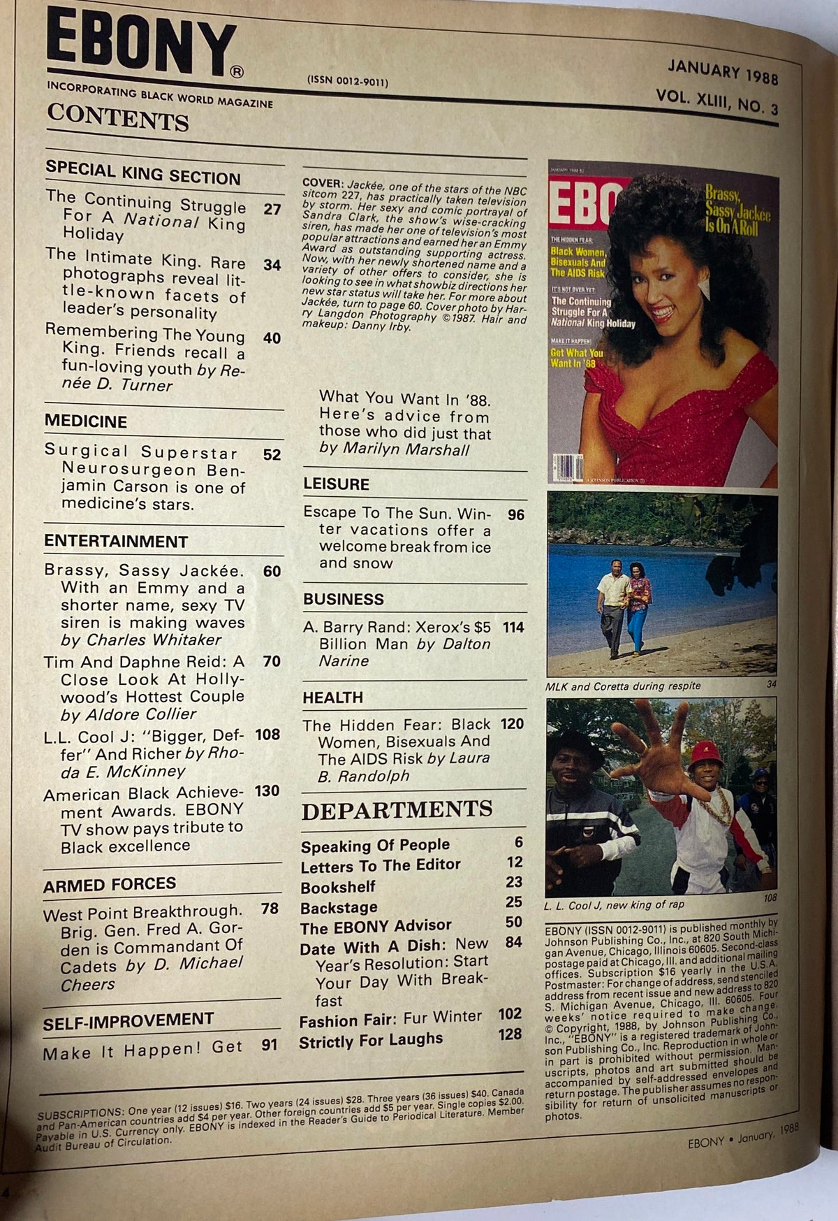 Inside page of Ebony Magazine January 1988 with contents listing, featuring a prominent image of Jackée Harry, emphasizing articles related to her influence and achievements in entertainment.