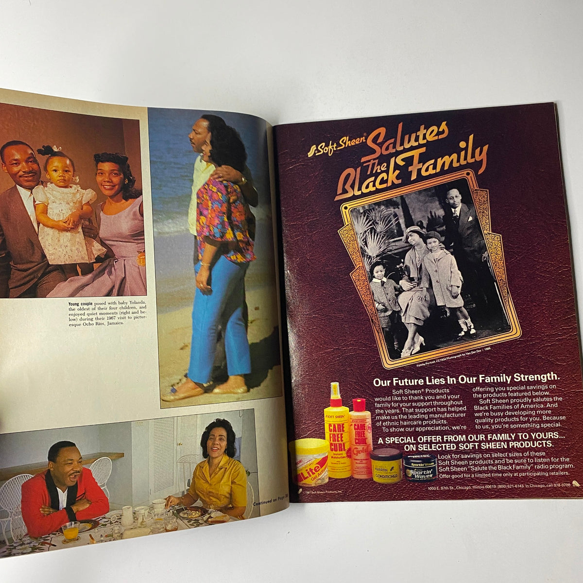 Ebony Magazine January 1988 Jackée Harry Cover featuring a vibrant spread celebrating Black families with nostalgic images. Includes a beach photo, a family portrait, and a heartfelt dining scene, showcasing cultural heritage.