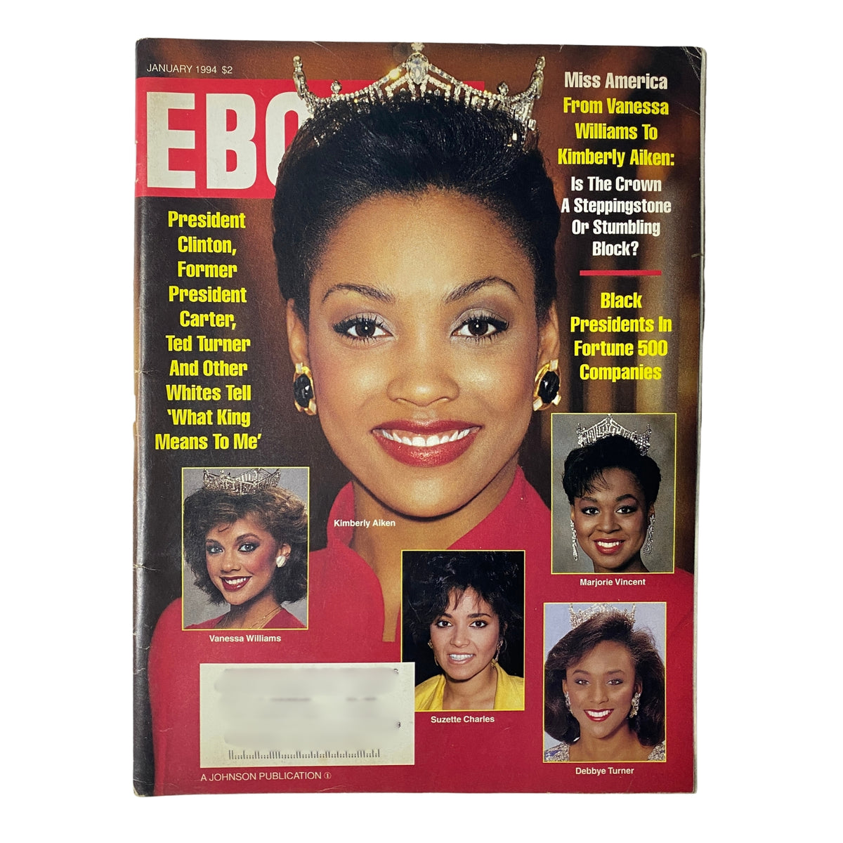 Cover of Ebony Magazine January 1994 featuring Kimberly Aiken wearing a crown with portraits of Vanessa Williams, Suzette Charles, Marjorie Vincent, and Debby Turner. The cover discusses the topic of Black Miss America winners.