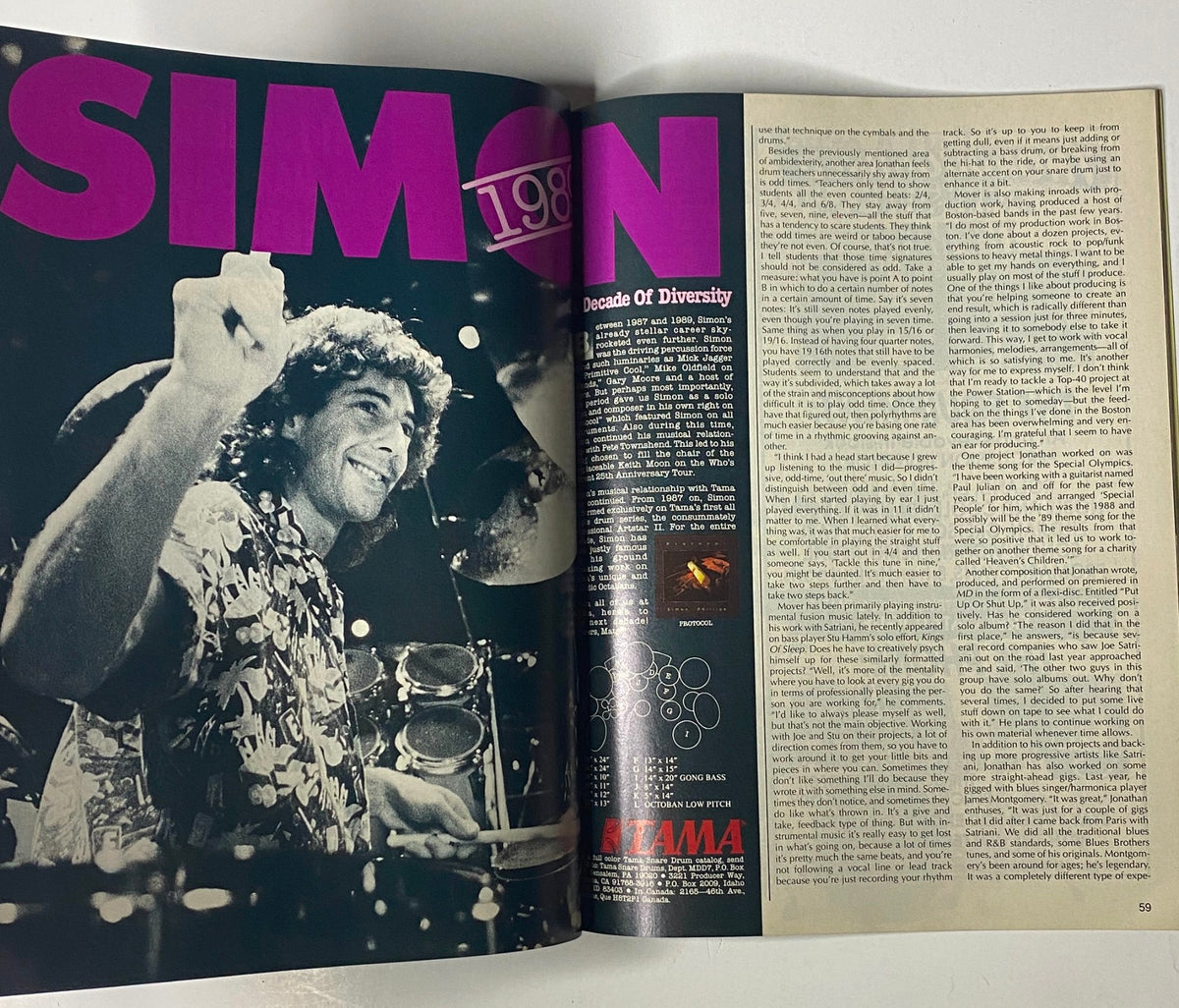 Modern Drummer Magazine November 1989 featuring Jonathan Mover on the cover, showing a photo of Simon alongside an article discussing diversity in drumming.