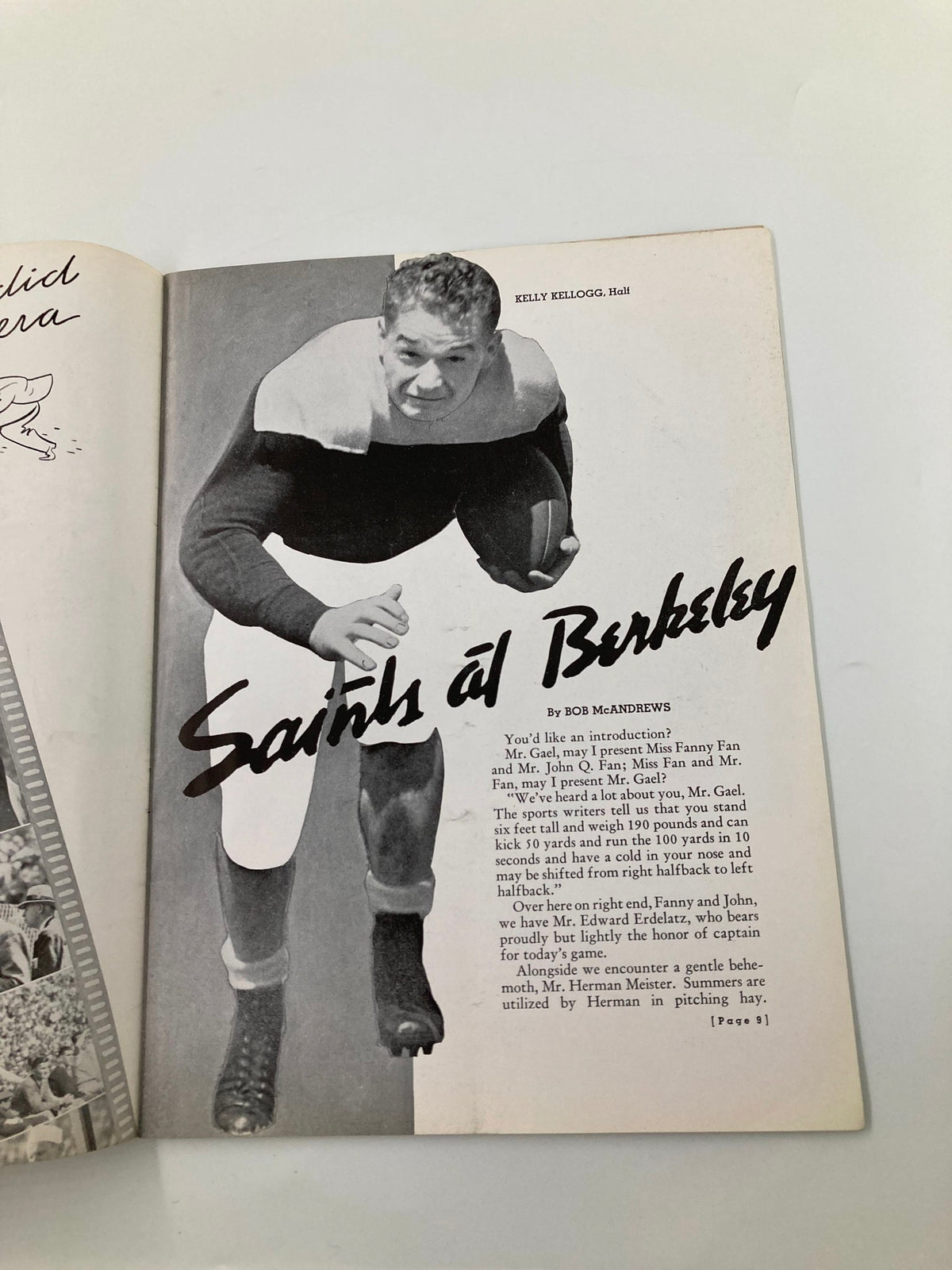 Profile of Kelly Kellogg featured in the 1935 NCAA Football California Gridiron vs St. Mary’s Official Program with a focus on his athletic pose.