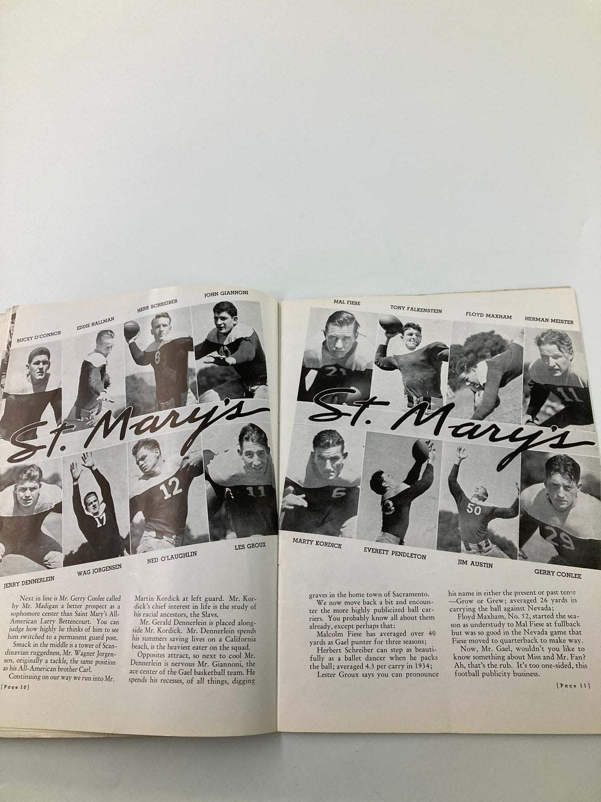 Pages from the 1935 NCAA Football California Gridiron vs St. Mary’s Official Program displaying St. Mary’s team player portraits and statistics.