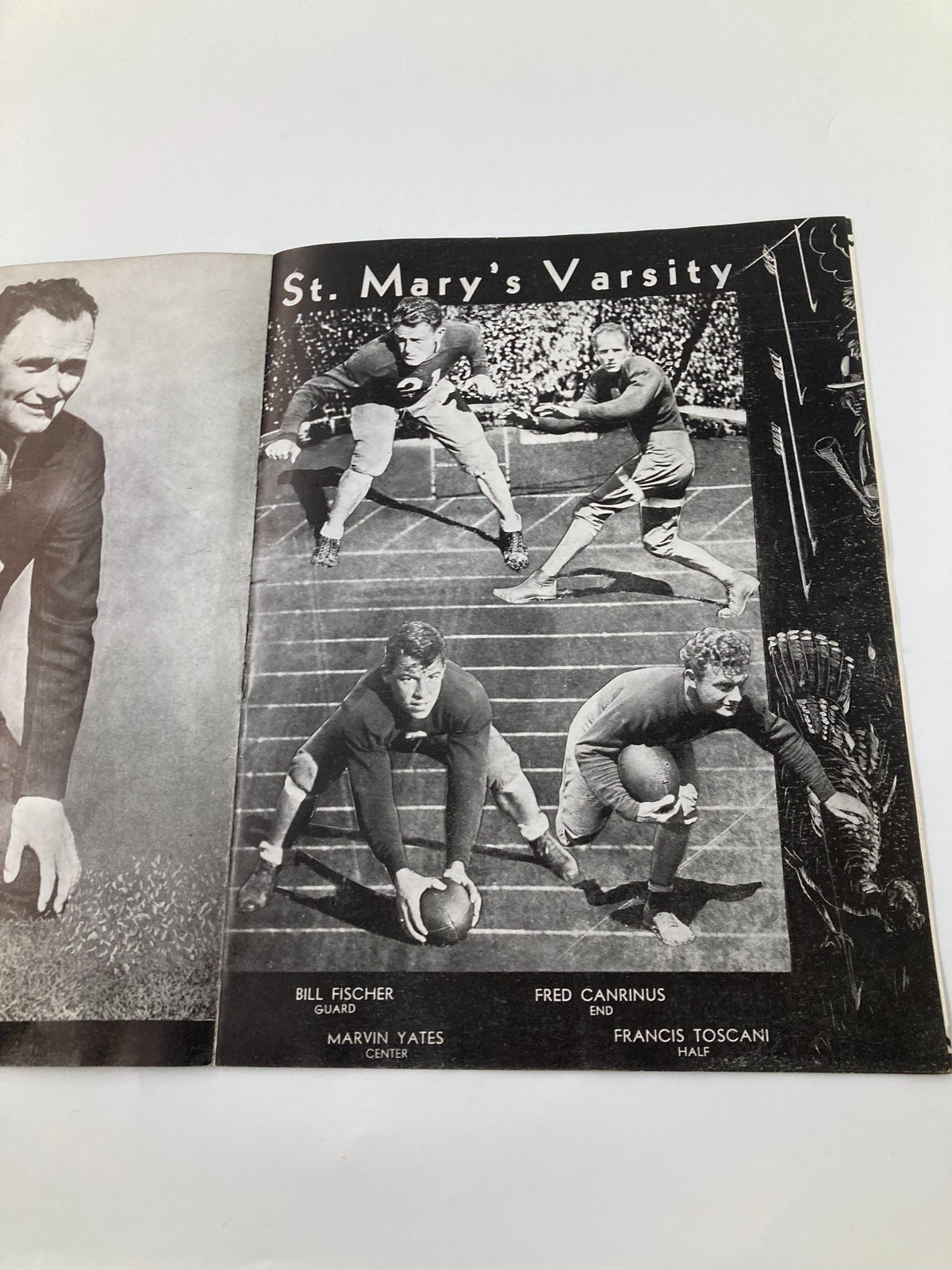 1931 NCAA Football Oregon Ducks vs Saint Mary's Gaels Official Program displaying St. Mary's Varsity players, highlighting key athletes in a vintage football setting.