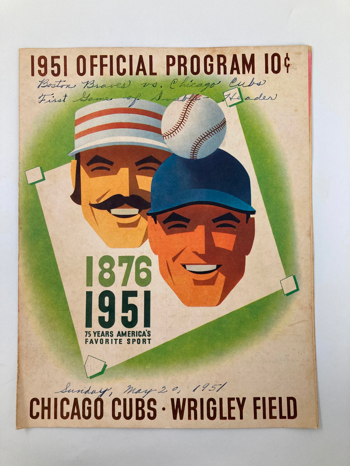 Cover of the 1951 MLB Chicago Cubs vs Boston Red Sox Official Program featuring colorful art with two baseball players, a ball, and the date May 20, 1951 at Wrigley Field.