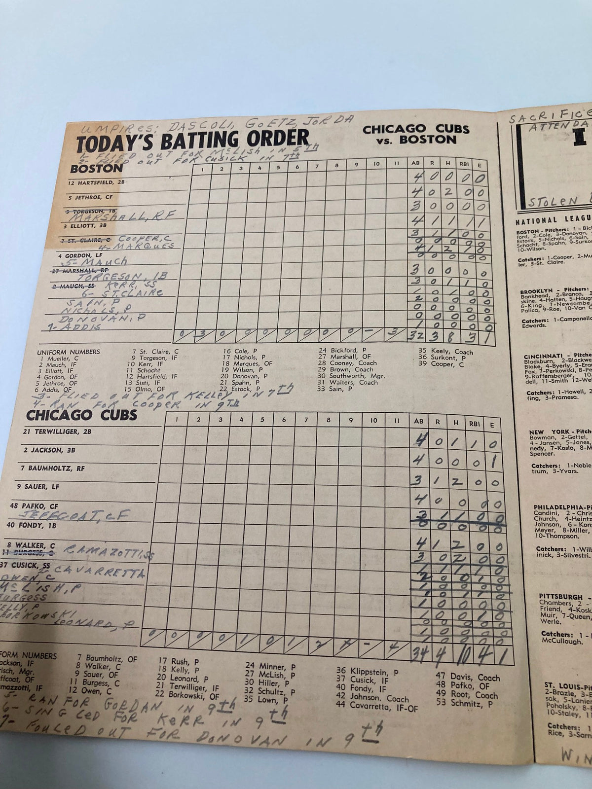Detailed scorecard of the 1951 MLB game, featuring batting orders for the Chicago Cubs and Boston Red Sox from their official program.