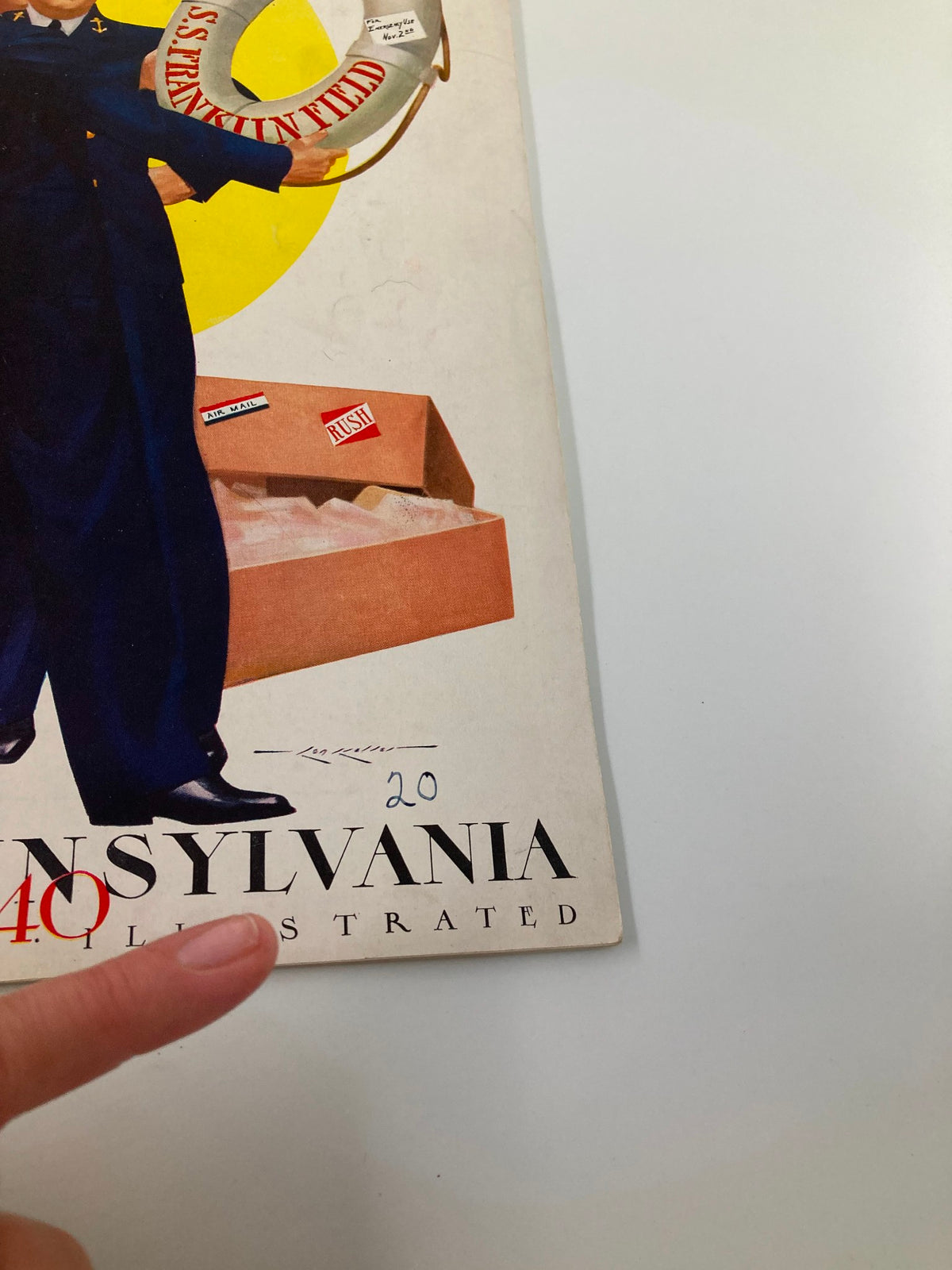Detail view of the 1940 NCAA Football Navy vs Pennsylvania Official Statistics Program cover, highlighting the signature and year as part of its historical significance.