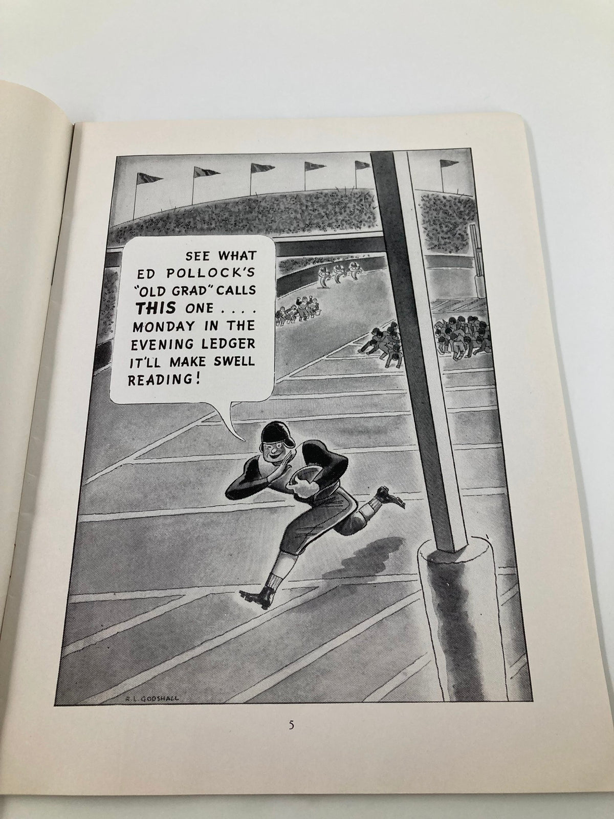 Illustration from the 1940 NCAA Football Navy vs Pennsylvania Official Statistics Program depicting a football player with a speech bubble, adding a humorous touch to the historical context.