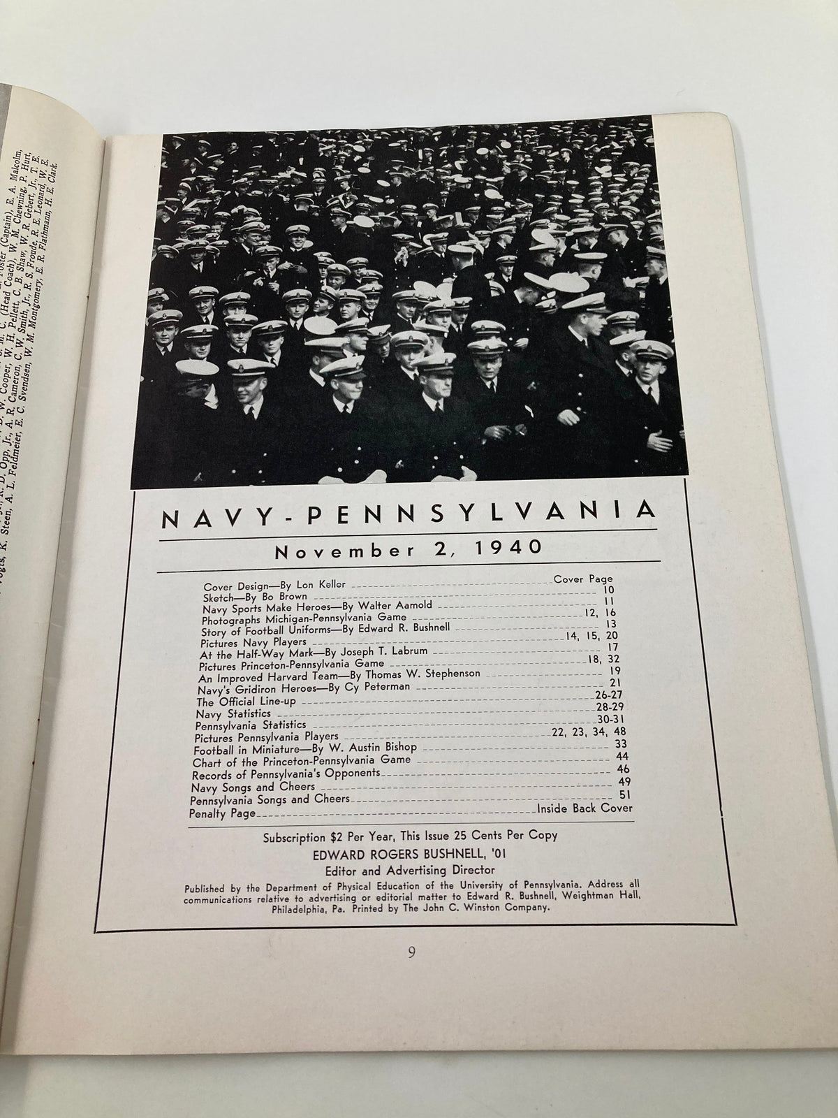Cover page of the 1940 NCAA Football Navy vs Pennsylvania Official Statistics Program featuring a large group of uniformed sailors and a title detailing the event date and teams.