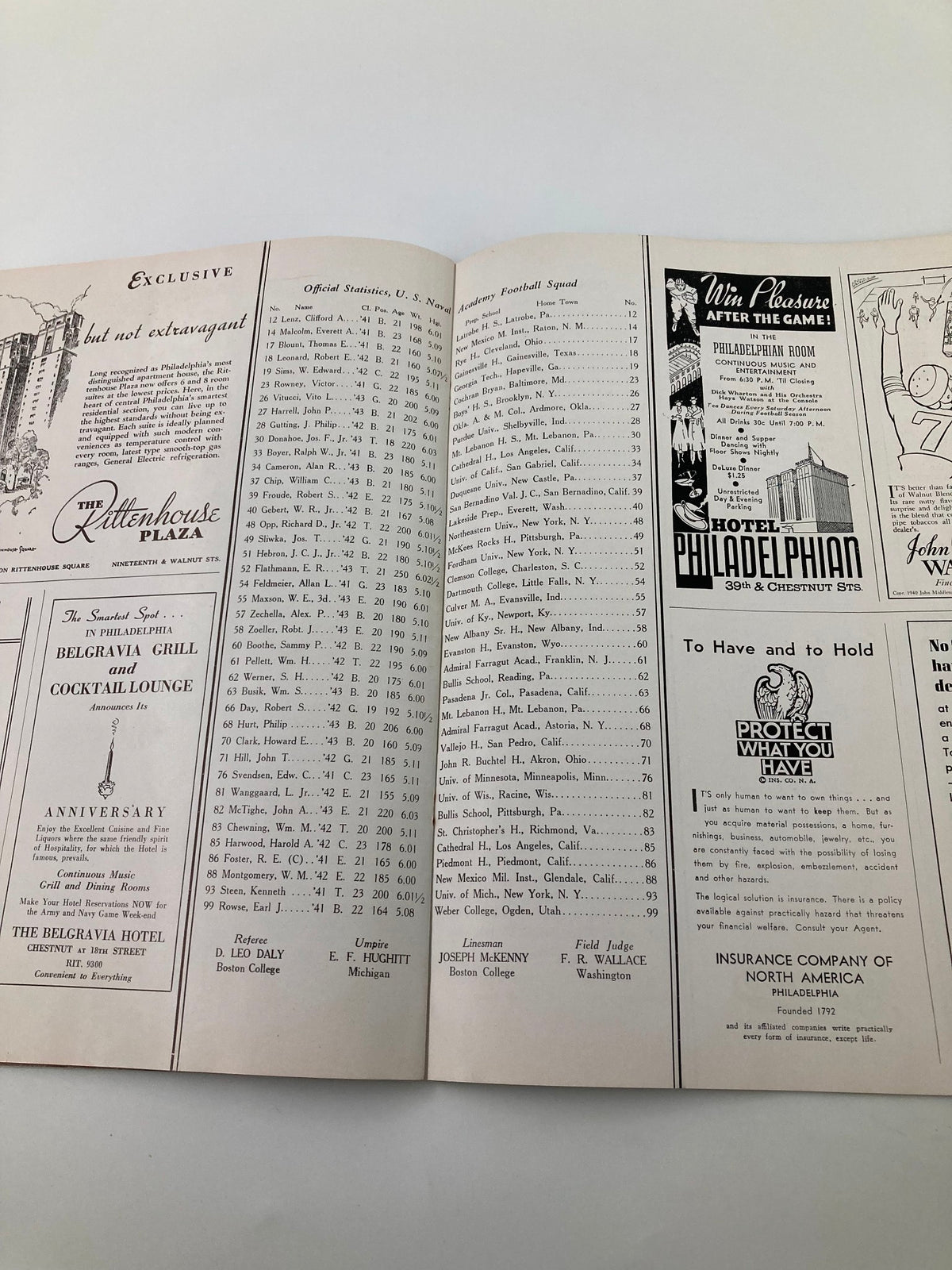 Page from the 1940 NCAA Football Navy vs Pennsylvania Official Statistics Program listing player statistics and features various advertisements relevant to the era.