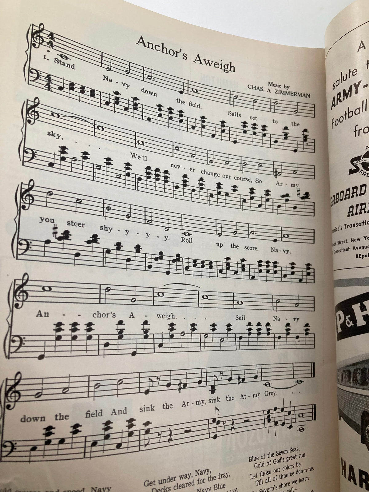 1940 NCAA Football Army vs Navy Official Program featuring the sheet music for 'Anchor's Aweigh', capturing the essence of the Navy's spirit during the historic game.