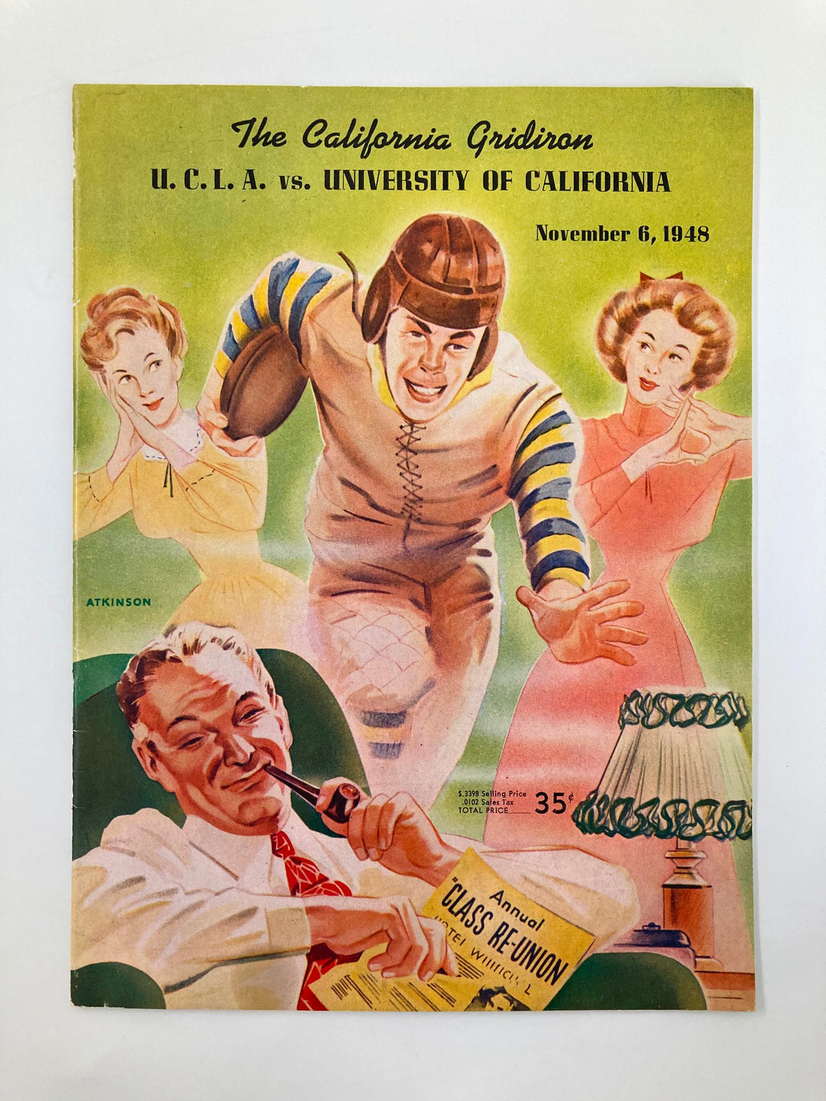 Cover of the 1948 NCAA Football program titled 'The California Gridiron' featuring a vintage illustration of a football player and fans.