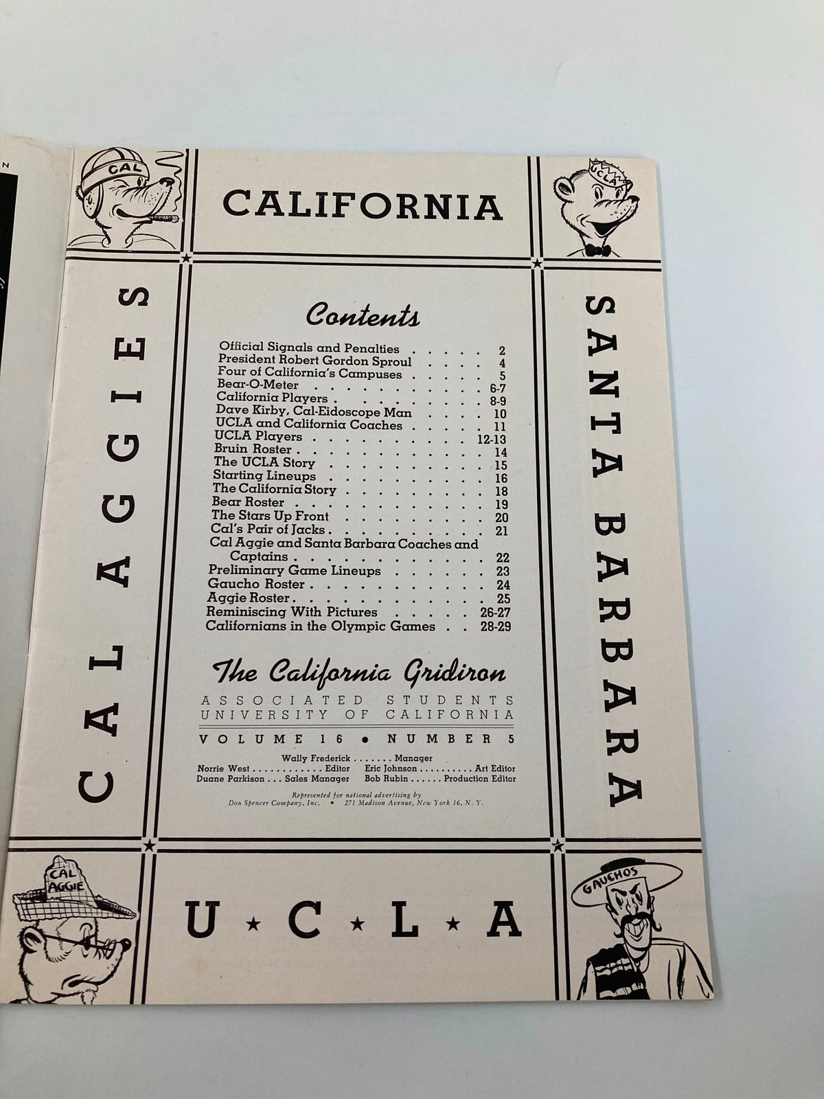 Inside page of the 1948 NCAA Football program detailing the contents, titled 'California' and listing sections about the game between UCLA Bruins and California Golden Bears.