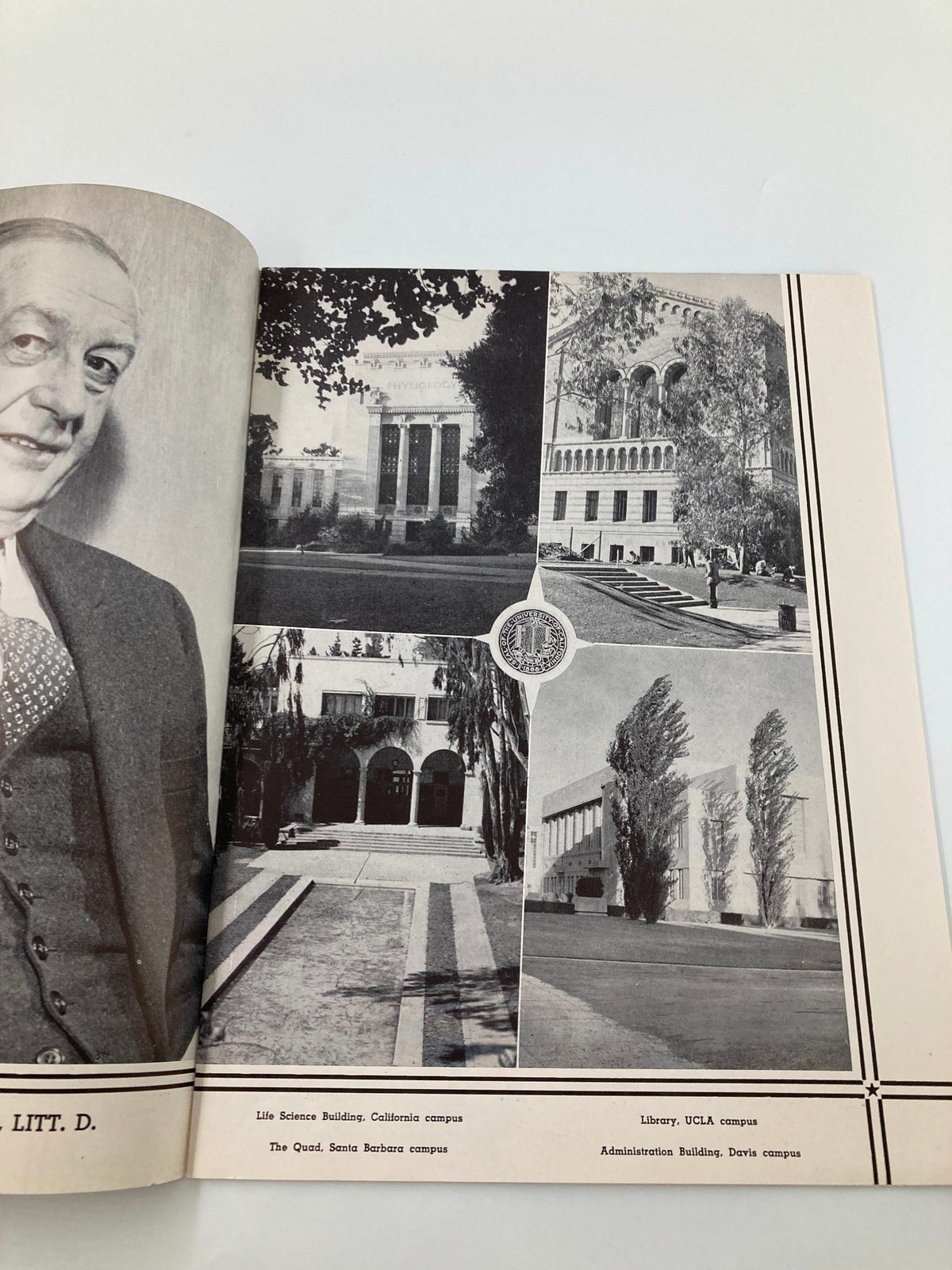 Page from the 1948 NCAA Football program showcasing historical images of the University of California and UCLA campus buildings.