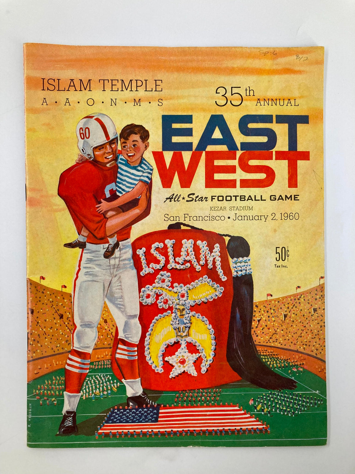 1960 Islam Temple All-Star Football Game East vs West Official Program cover featuring a football player and a child, showcasing vibrant illustration and event details.