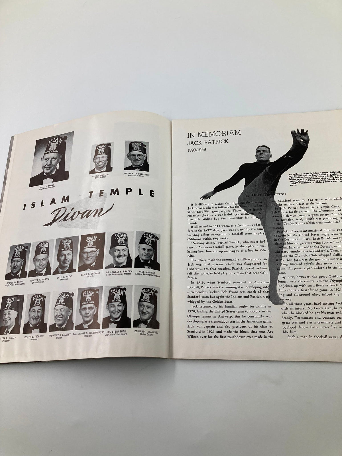 Inside page of the 1960 Islam Temple All-Star Football Game East vs West Official Program dedicated to the memory of Jack Patrick with a silhouette image and acknowledgments.