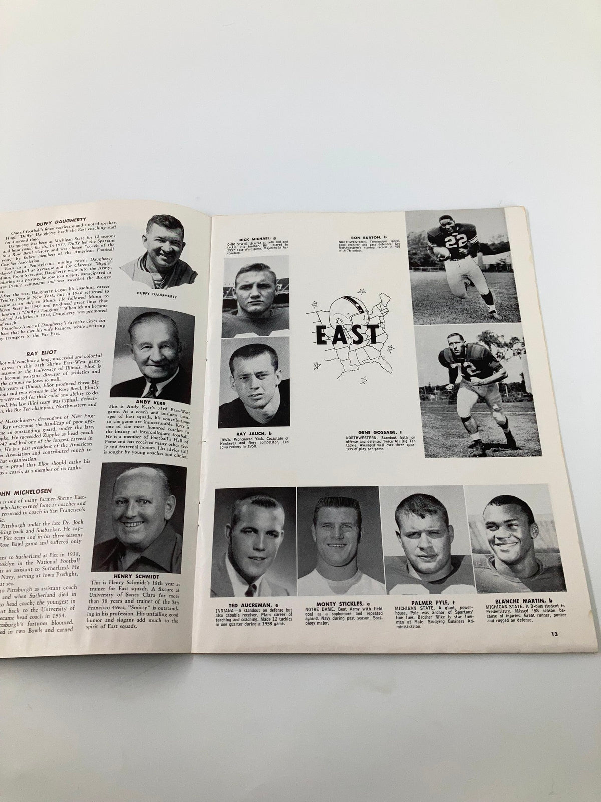 1960 Islam Temple All-Star Football Game East vs West Official Program interior page featuring East team player profiles and statistics.