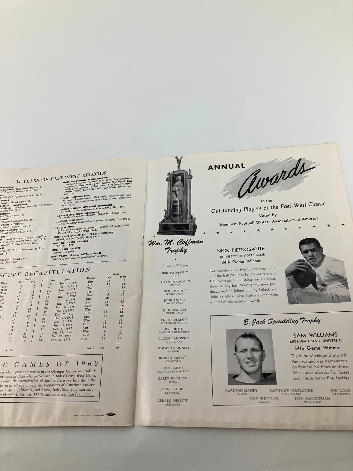 Interior page detailing awards and notable players from the East-West Classic in the 1960 Islam Temple All-Star Football Game Official Program.