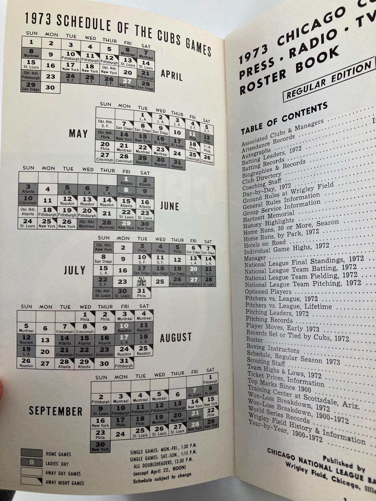 Another inside page of the 1973 MLB Chicago Cubs Official Roster Book featuring the schedule of Cubs games for April through September.