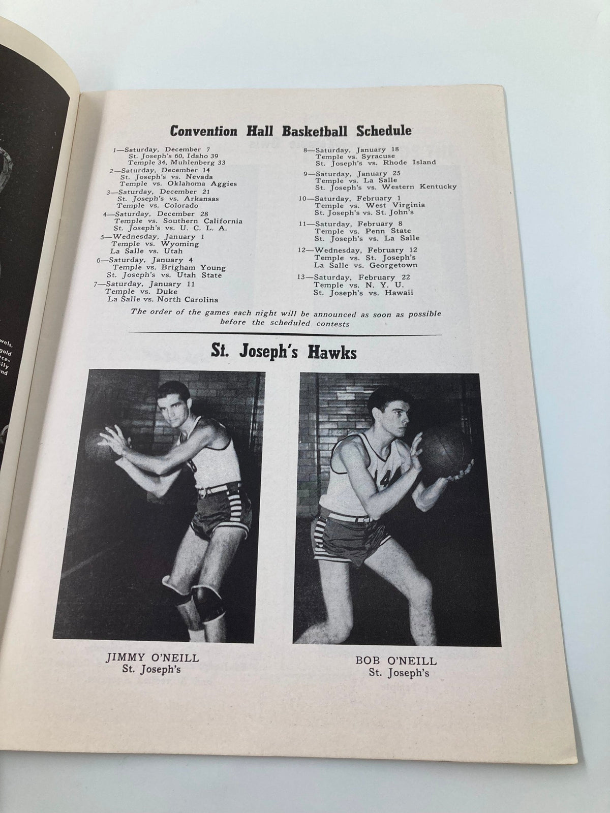 1946 NCAA Basketball St. Joseph's Hawks vs Nevada Wolf Pack Official Program featuring basketball schedule and player images of Jimmy O'Neill and Bob O'Neill from St. Joseph's.