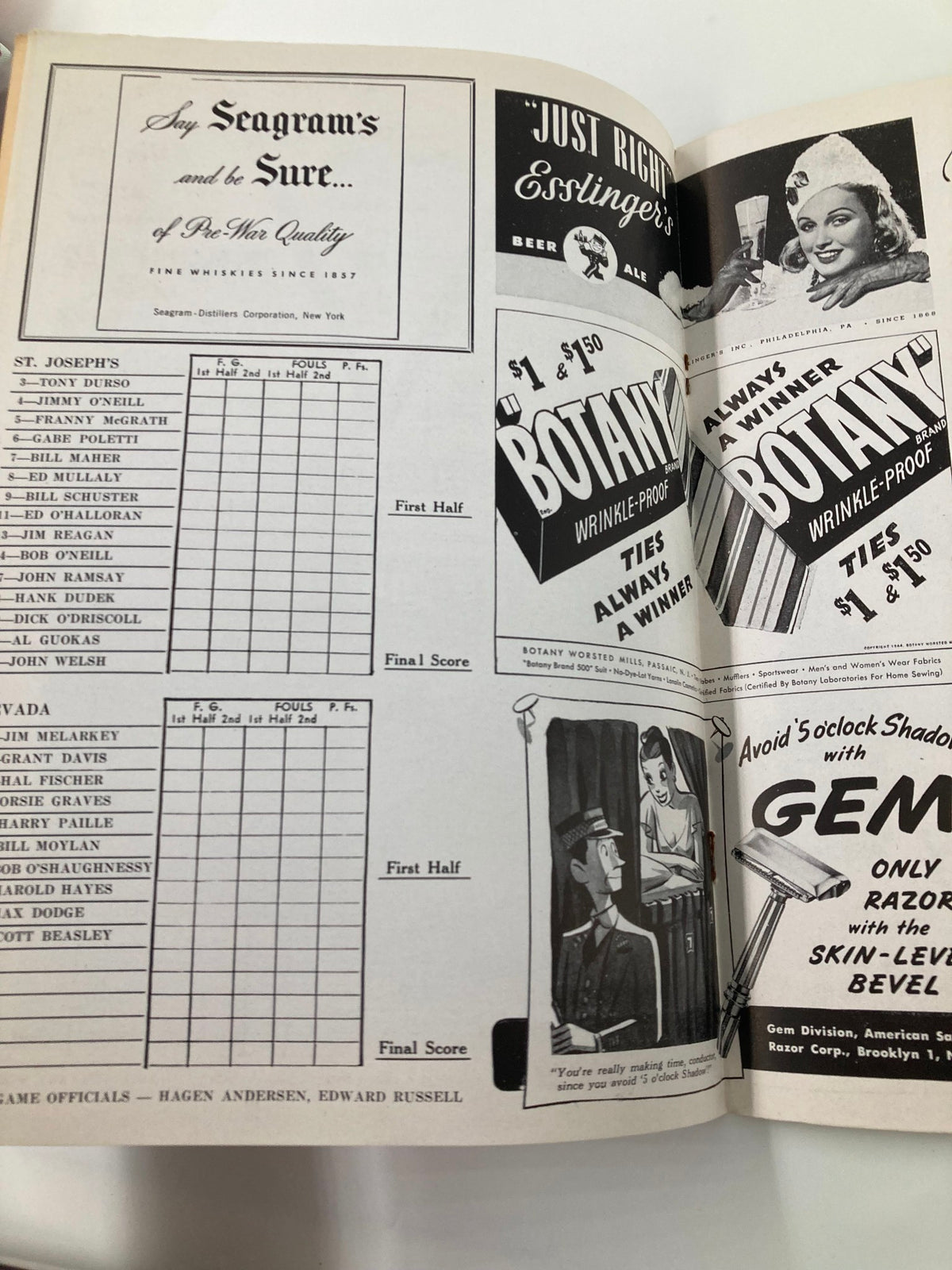 1946 NCAA Basketball St. Joseph's Hawks vs Nevada Wolf Pack Official Program page showing team rosters and advertisements, highlighting Seagram's quality.