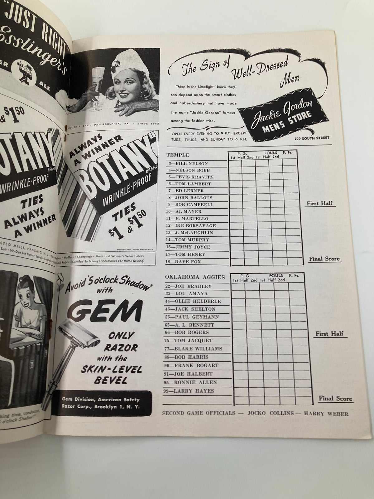 1946 NCAA Basketball St. Joseph's Hawks vs Nevada Wolf Pack Official Program page featuring advertisements for Botany ties and a scoreboard for the game.