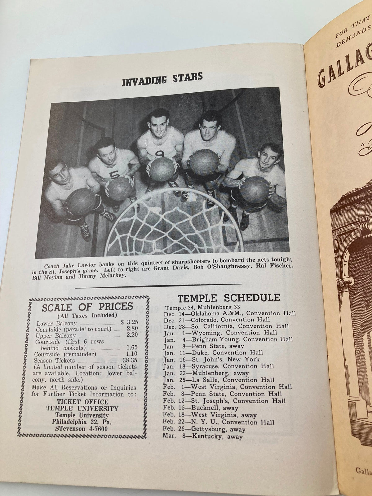 1946 NCAA Basketball St. Joseph's Hawks vs Nevada Wolf Pack Official Program containing a photo and schedule for Temple University basketball games.