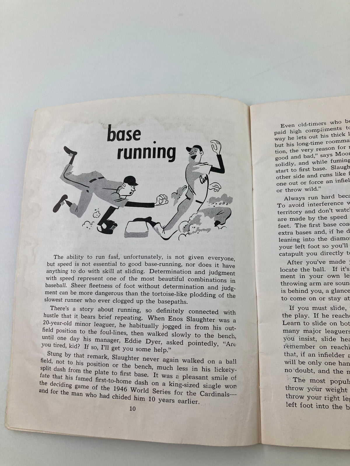 Interior page of 'Stan Musial's How The Majors Play Baseball' by Bob Broeg discussing base running, featuring illustrations and informative content.