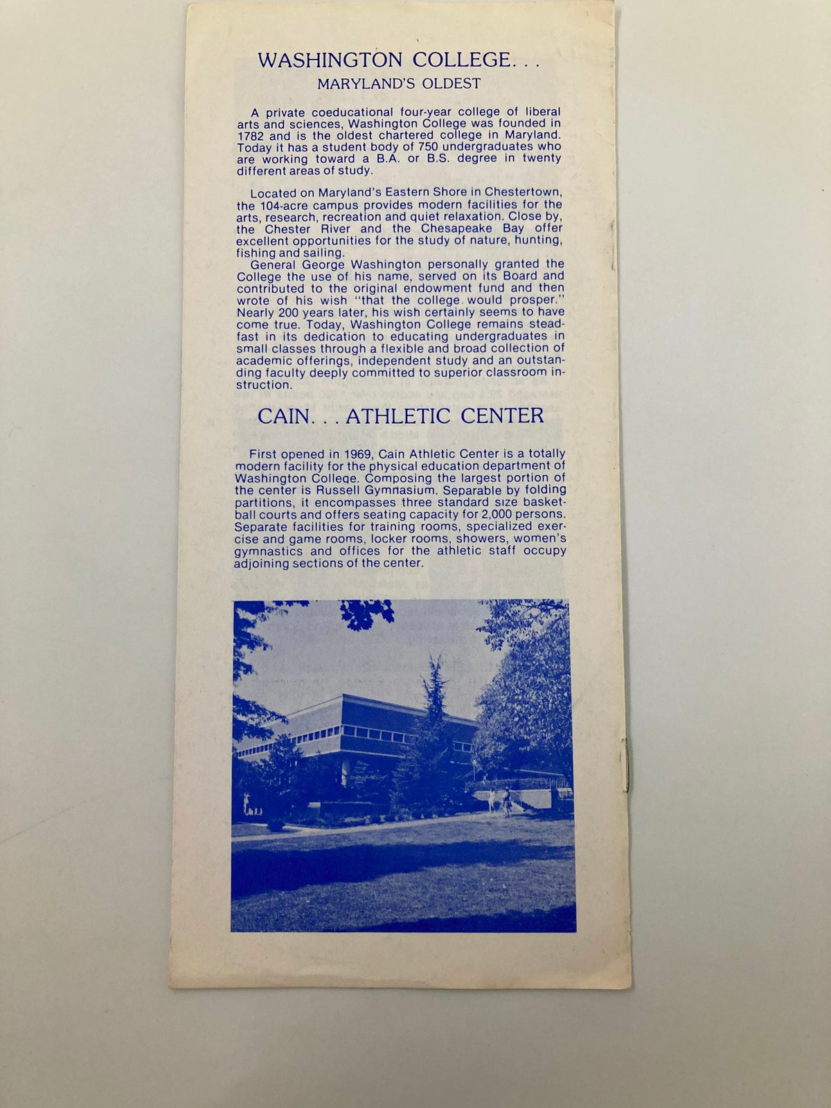 Cover of the 1980-1981 Washington College Basketball Program featuring information about Washington College, its history, and the Cain Athletic Center, an important venue for college athletics.