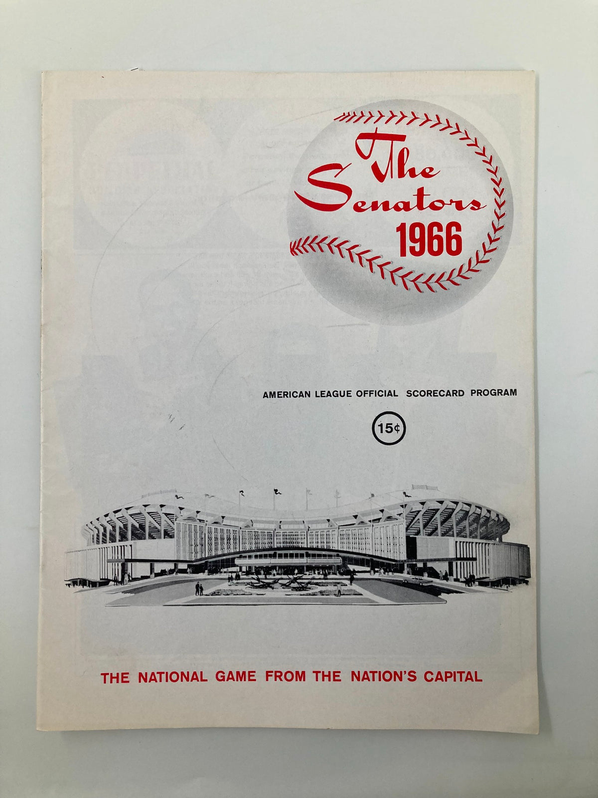 Cover of the 1996 Baseball The Senators American League Official Scoreboard Program featuring an illustration of the Senators logo and the stadium for the National Game from the Nation's Capital.