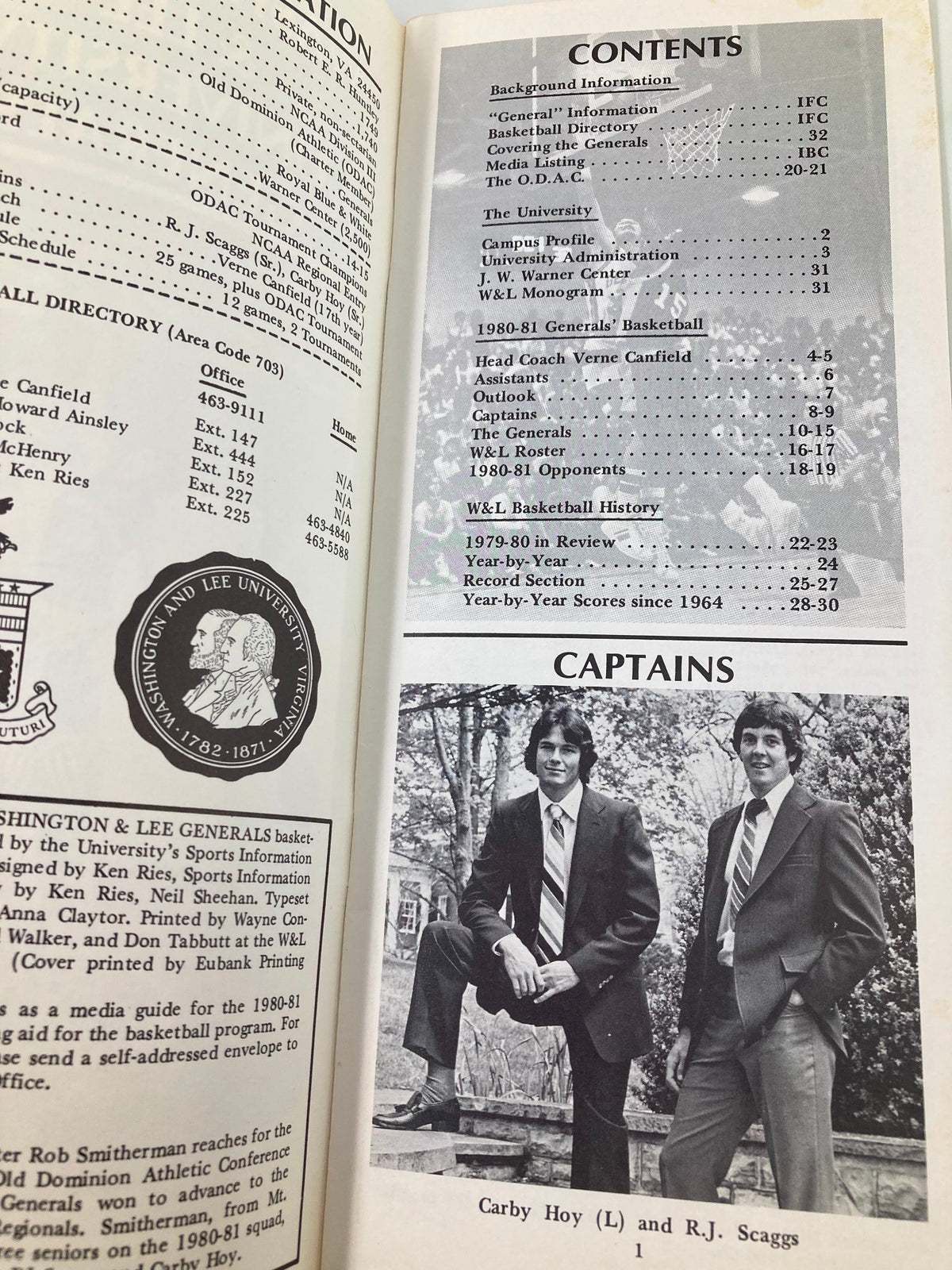 Inside page of the 1980-81 College Basketball Washington and Lee University Generals Program showing contents and photographs of team captains Carby Hoy and R.J. Scaggs.