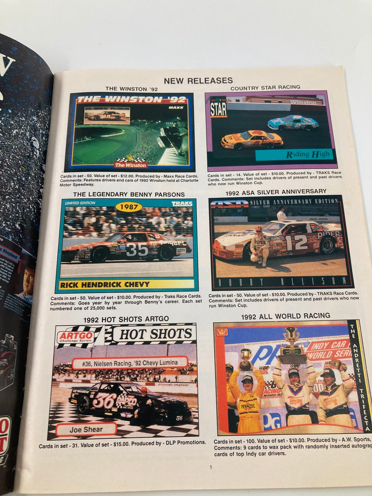 Interior page of Racing Magazine July 1992 Vol. 2 #3 showing new releases on race cards including The Winston '92 and various racing memorabilia.