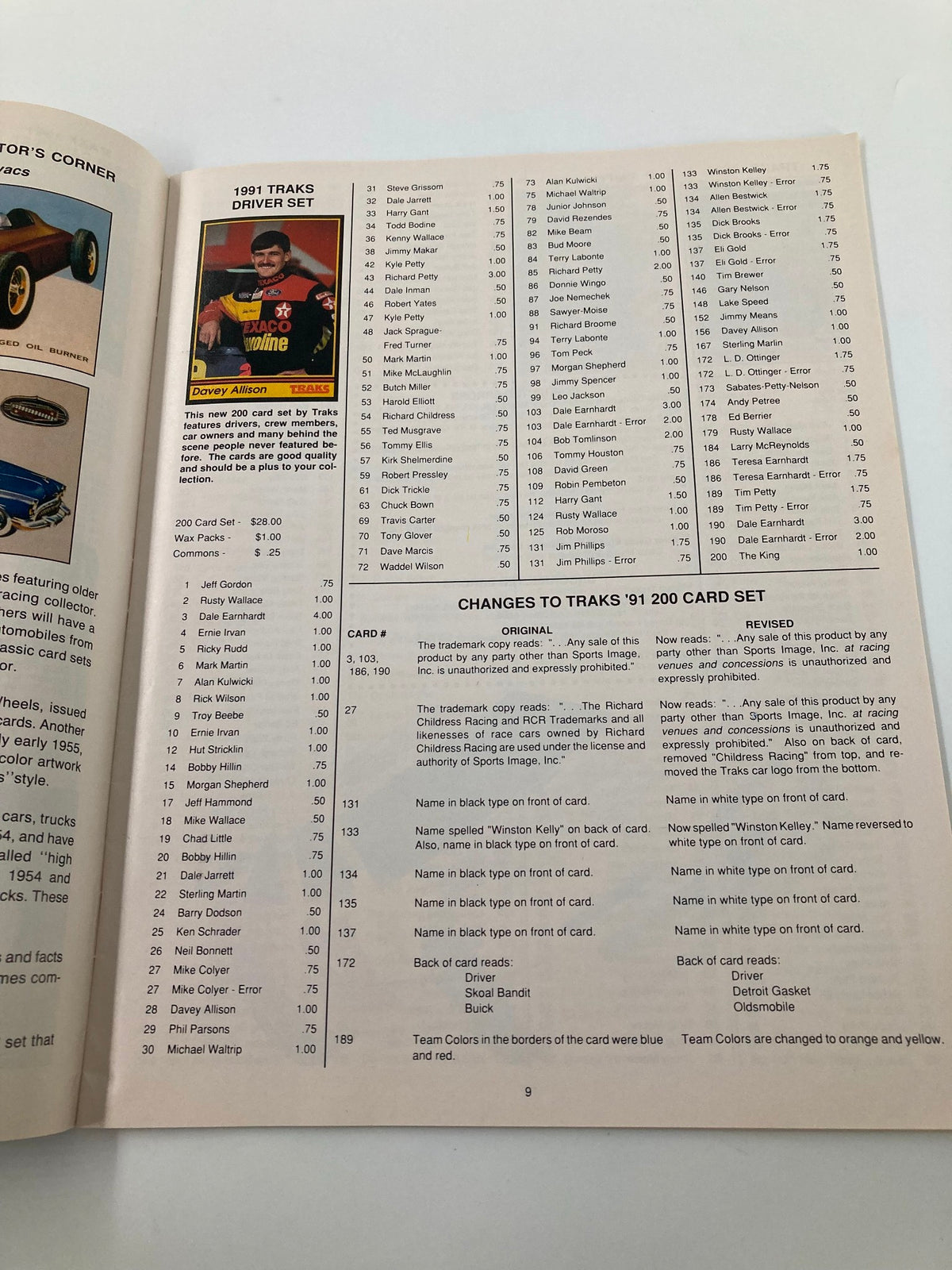 Page from Racing Magazine July 1992 Vol. 2 #3 featuring the 1991 Traks Driver Set with photos and pricing details of drivers including Davey Allison, Dale Earnhardt, and Rusty Wallace.