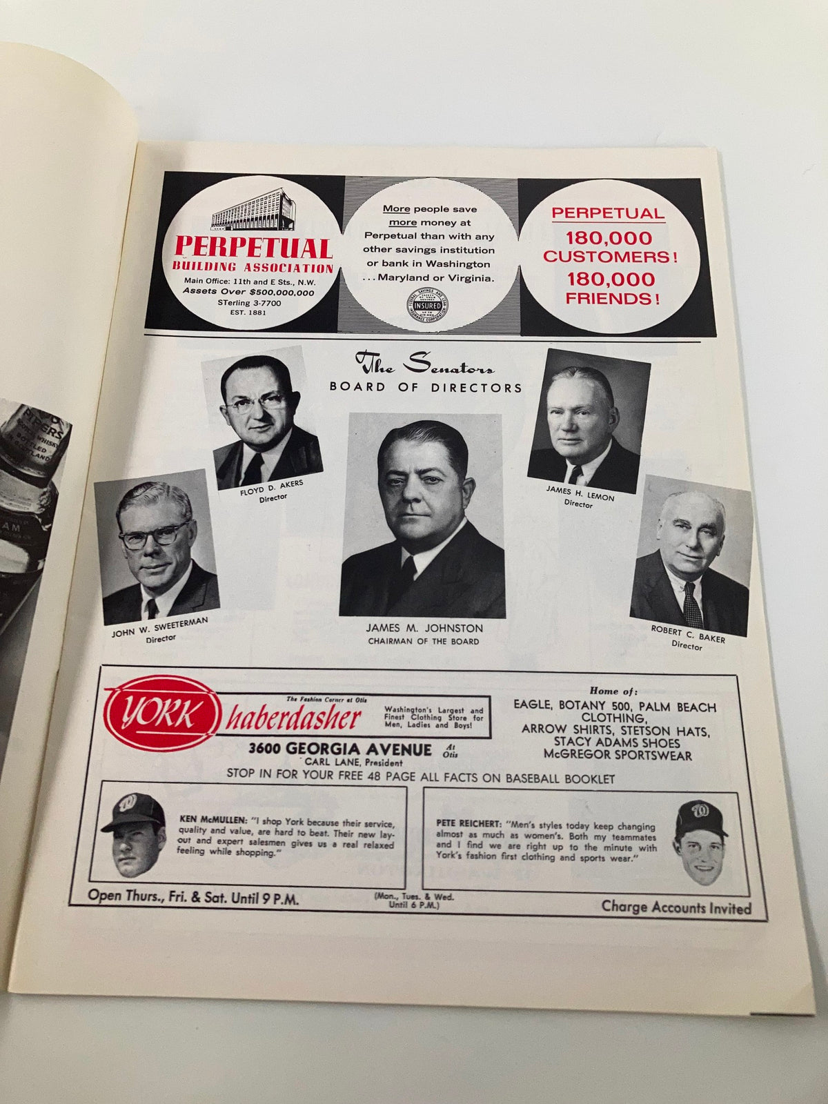 Inside page of The Senators 1966 Baseball American League Official Scoreboard Program, showcasing the board of directors with portraits and background information.