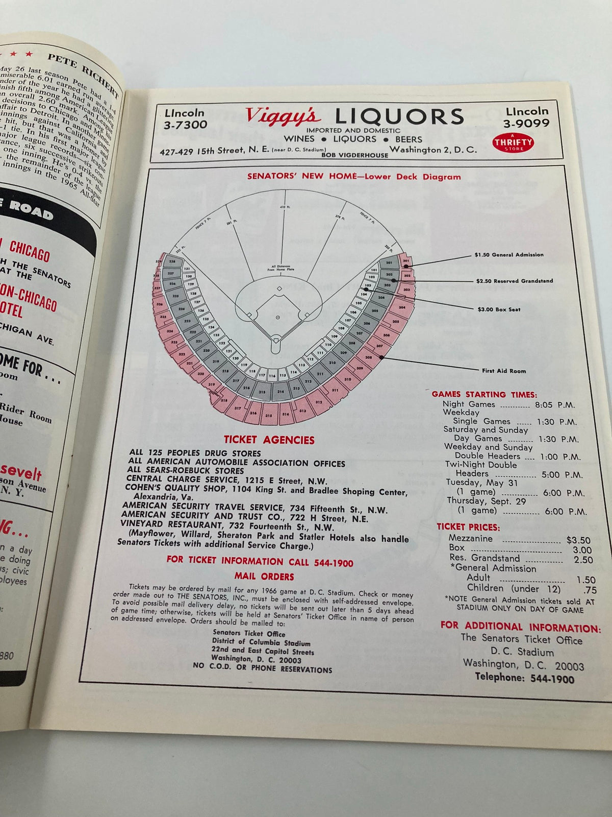 Detailed seating chart from The Senators 1966 Baseball American League Official Scoreboard Program, providing ticket agency information and stadium layout.
