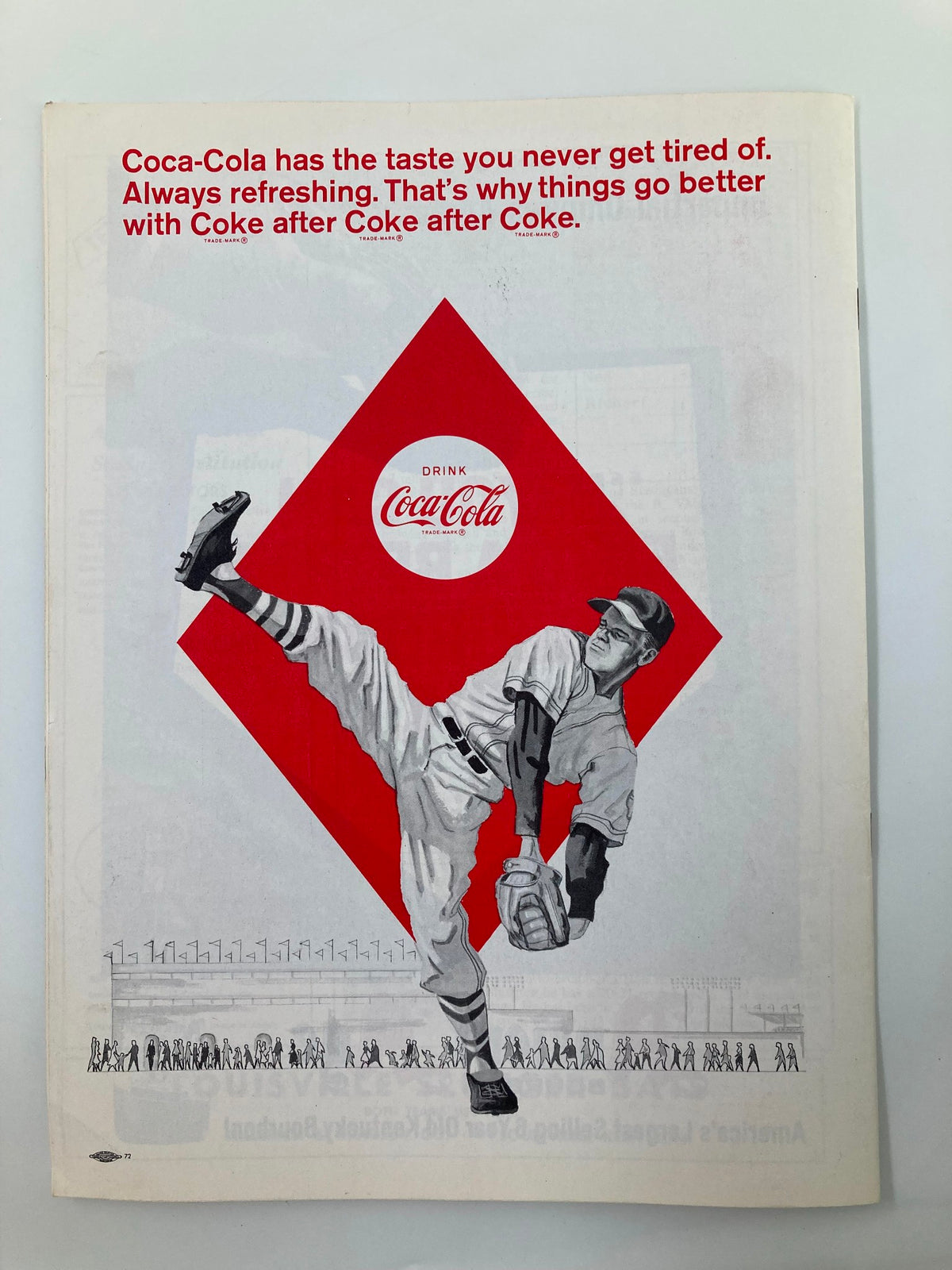 Cover of The Senators 1966 Baseball American League Official Scoreboard Program featuring a vintage Coca-Cola advertisement with an illustration of a pitcher, emphasizing the nostalgic essence of baseball memorabilia.