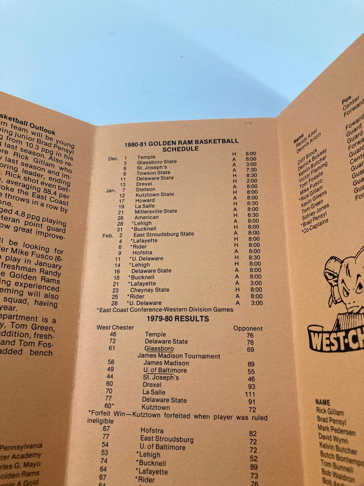 1980-1981 NCAA West Chester Golden Rams Index Basketball Press Information featuring the schedule of the Golden Rams basketball team, outlining games and opponents for the season.