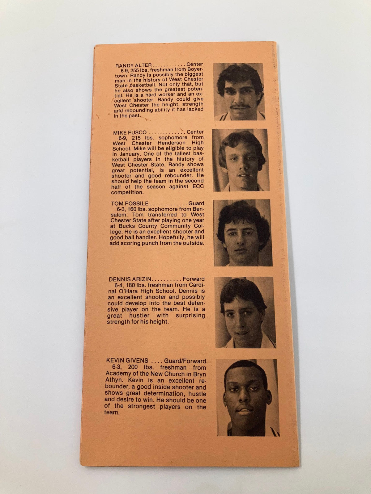 1980-1981 NCAA West Chester Golden Rams Index Basketball Press Information showcasing key players with photos and stats, highlighting their positions and strengths for the season.