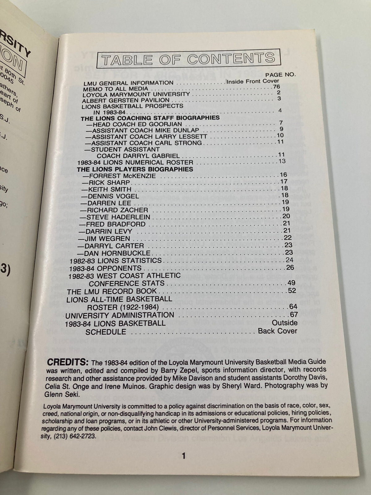 Table of contents page from the 1983-84 NCAA Loyola Marymount Lions Basketball Media Guide, listing team information, coaching staff, and player profiles, providing an overview of the guide's contents.