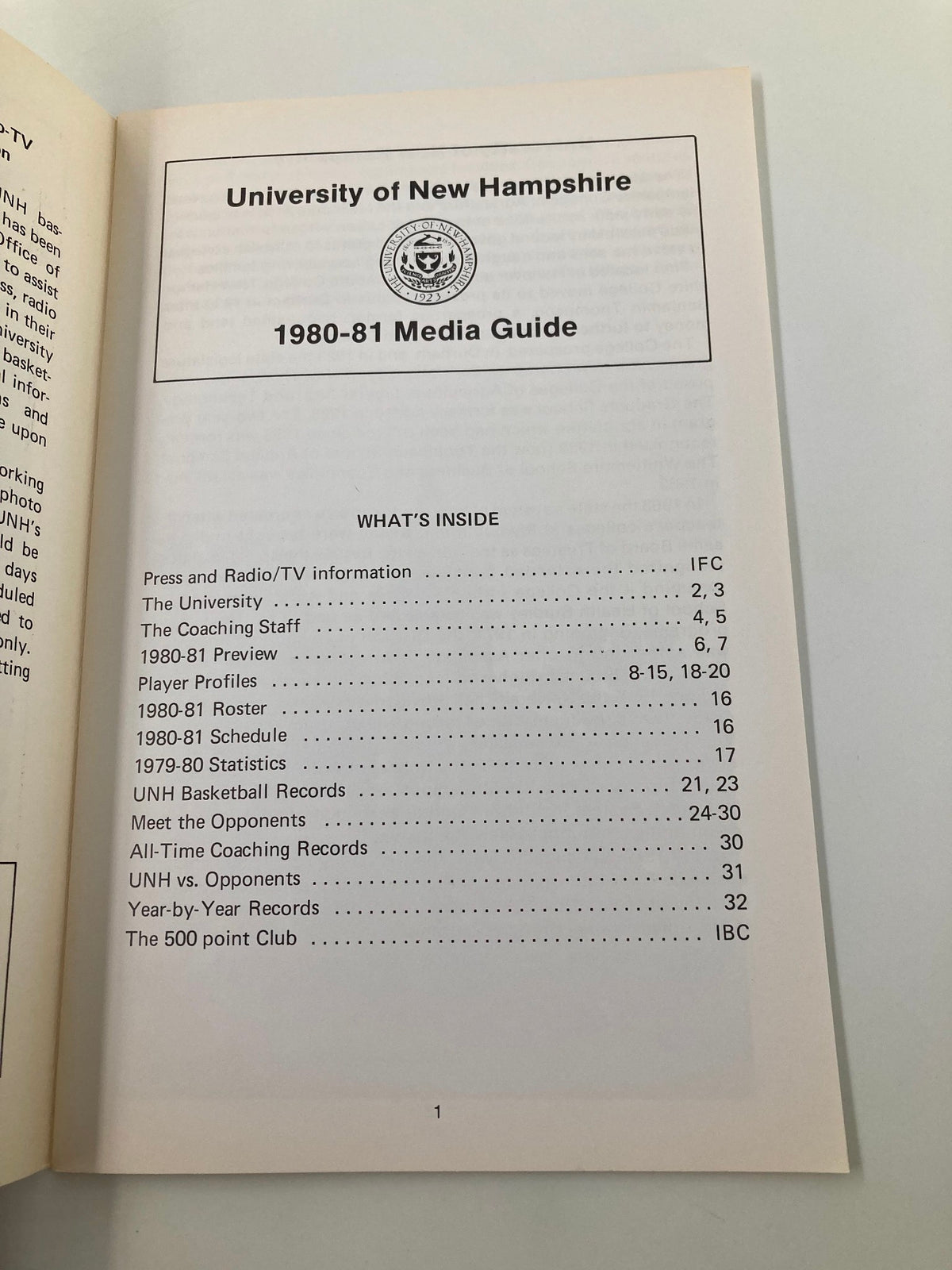 Inside page of the 1980-1981 NCAA Basketball New Hampshire Wildcats Media Guide, detailing contents including team information and season overview.